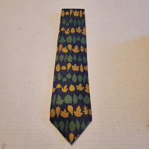 Josh Bach Silk Tie Navy Blue with Green & Gold Leaves Foliage